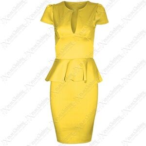 Goddess London Yellow‎ Viscose V-Neck Vintage Inspired Peplum Pinup Dress NWT 4?